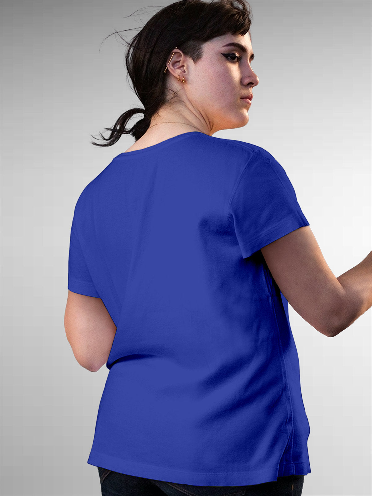 Back view of Fighterhero Women's Blue Round Neck T-shirt, highlighting the modern look and clean finish