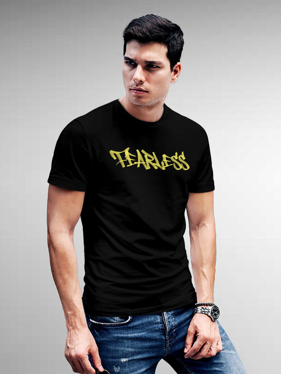 Fighterhero T-shirts: Model wearing Men's Black Round Neck T-shirt with 'Fearless' design