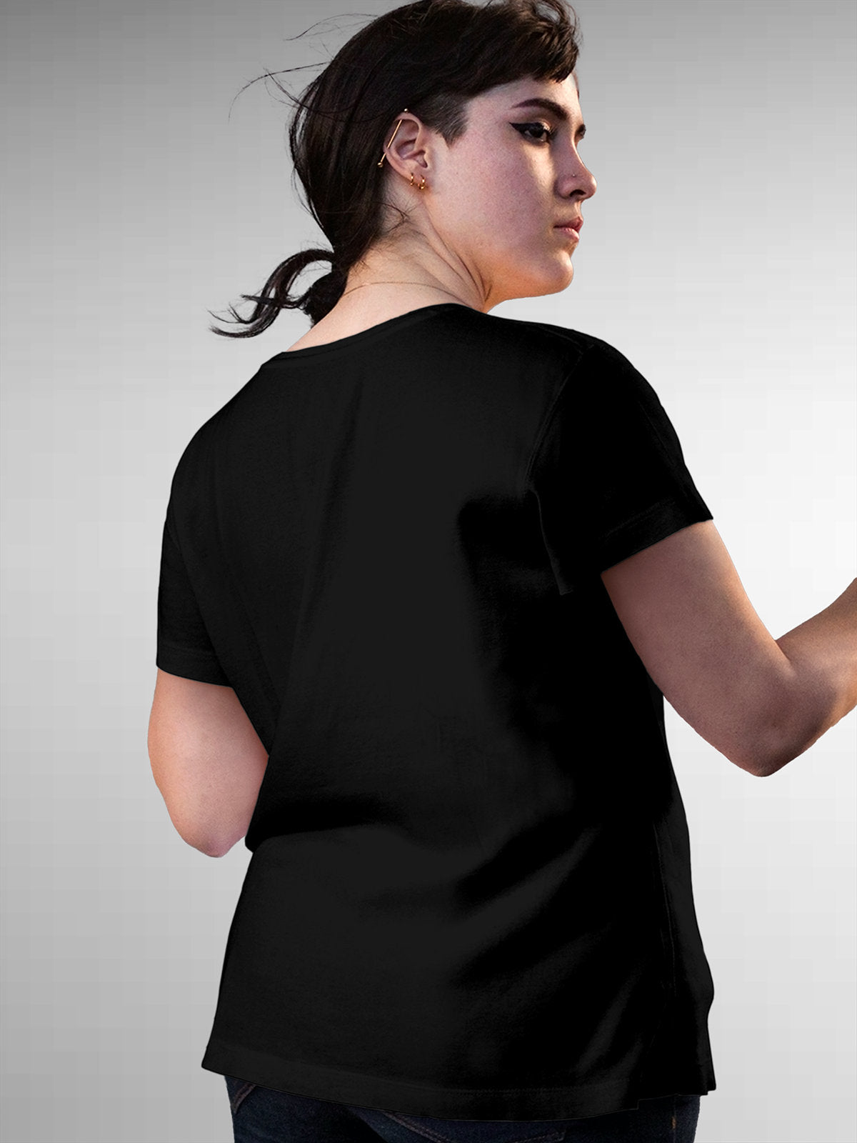 Back view of Fighterhero Women's Black Round Neck T-shirt, highlighting the modern look and clean finish