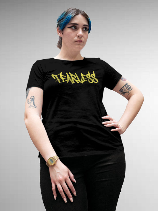 Fighterhero T-shirts: Model wearing Women's Black Round Neck T-shirt with 'Fearless' design