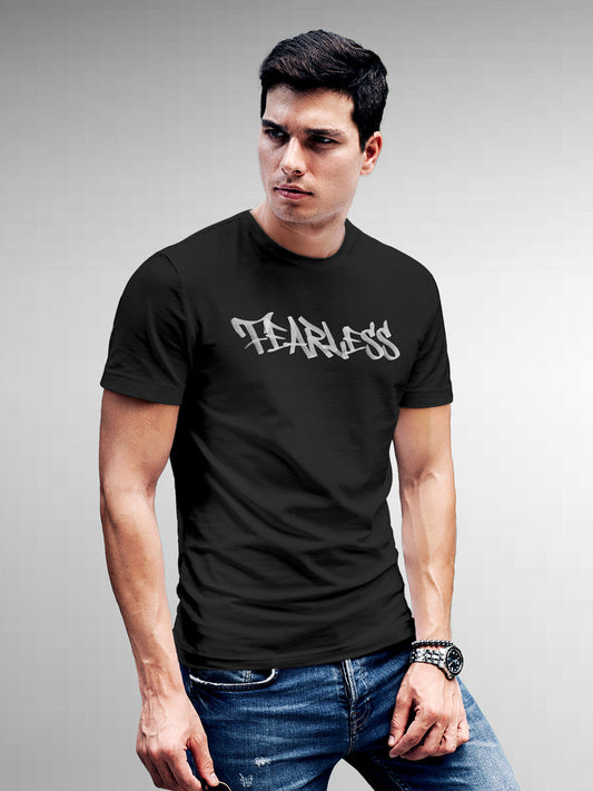 Model wearing Men's Dark Grey Round Neck T-shirt with 'Fearless' design, offering effortless style and premium comfort