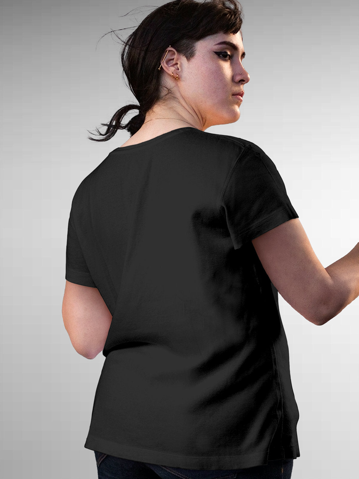 Back view of Fighterhero Women's Dark Grey Round Neck T-shirt, highlighting the modern look and clean finish