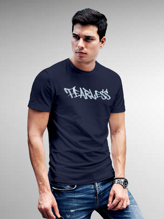 Fighterhero T-shirts: Model wearing Men's Navy Blue Round Neck T-shirt with 'Fearless' design