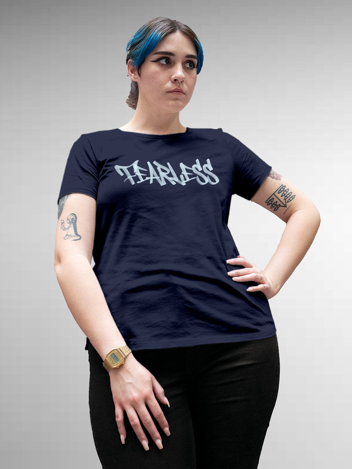 Model wearing Women's Navy Blue Round Neck T-shirt with 'Fearless' design, offering effortless style and premium comfort