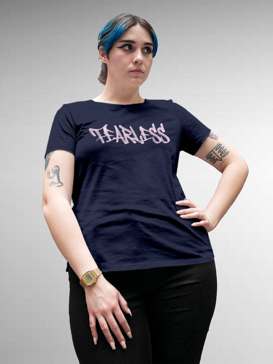 Fighterhero T-shirts: Model wearing Women's Navy Blue Round Neck T-shirt with 'Fearless' design
