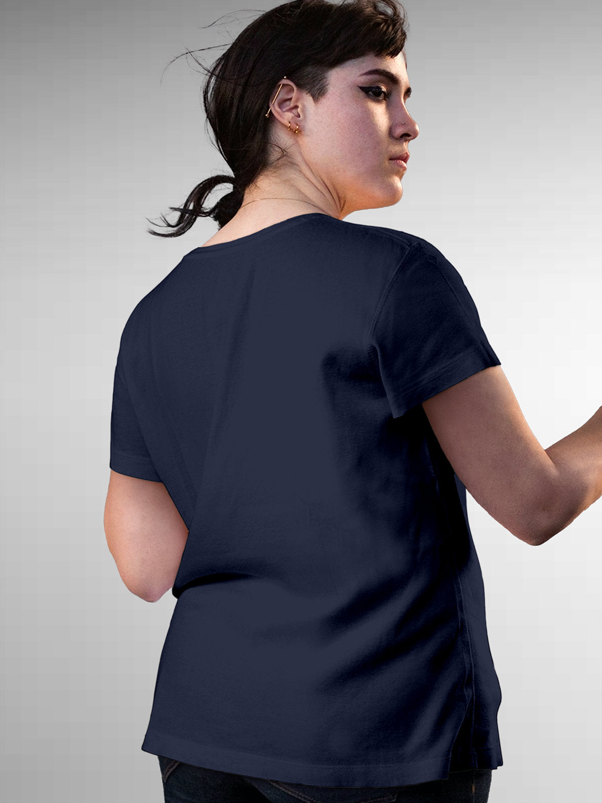 Back view of Fighterhero Women's Navy Blue Round Neck T-shirt, highlighting the modern look and clean finish