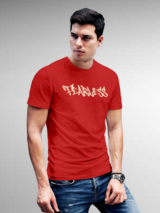 Fighterhero T-shirts: Model wearing Men's Red Round Neck T-shirt with 'Fearless' design