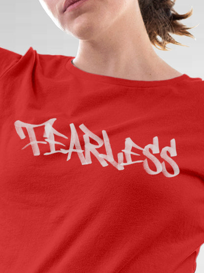 Close up of 'Fearless' design on Women's Red Round Neck T-shirt, highlighting intricate details and vibrant print.