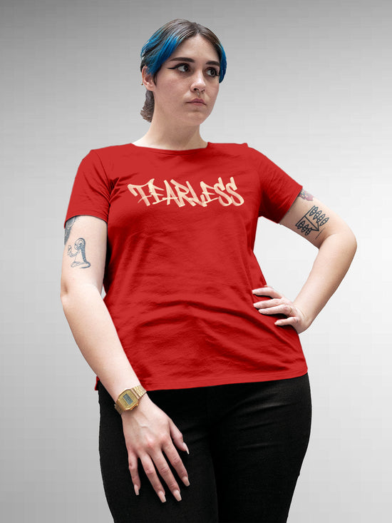 Fighterhero T-shirts: Model wearing Women's Red Round Neck T-shirt with 'Fearless' design