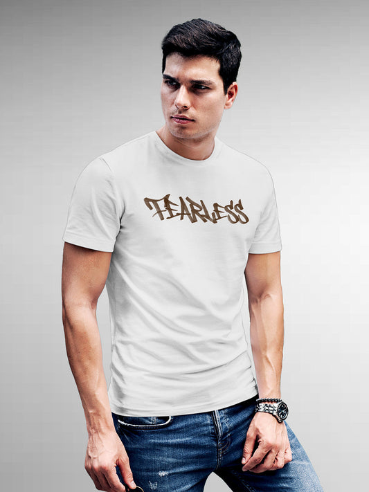 Fighterhero T-shirts: Model wearing Men's White Round Neck T-shirt with 'Fearless' design