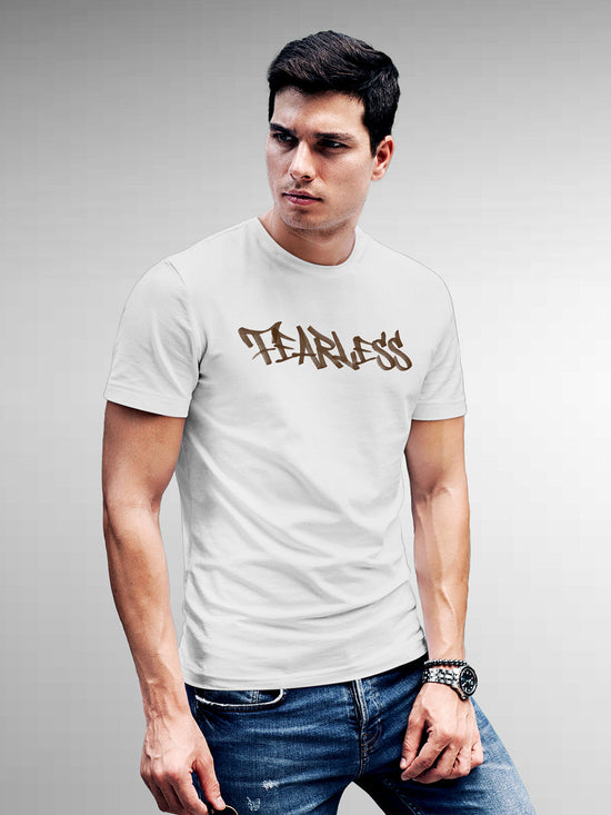 Fighterhero T-shirts: Model wearing Men's White Round Neck T-shirt with 'Fearless' design