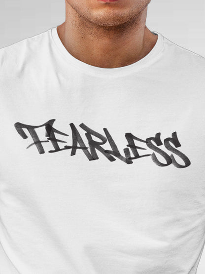 Close up of 'Fearless' design on Men's White Round Neck T-shirt, highlighting intricate details and vibrant print.