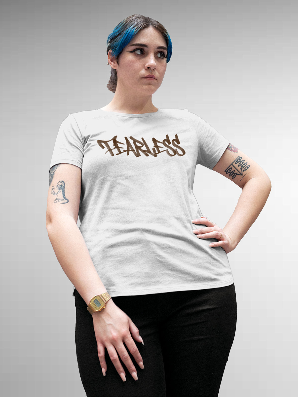 Fighterhero T-shirts: Model wearing Women's White Round Neck T-shirt with 'Fearless' design