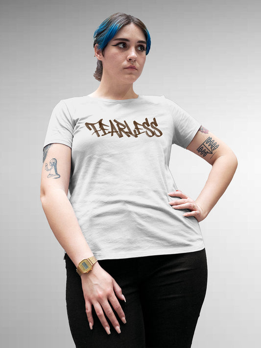 Fighterhero T-shirts: Model wearing Women's White Round Neck T-shirt with 'Fearless' design