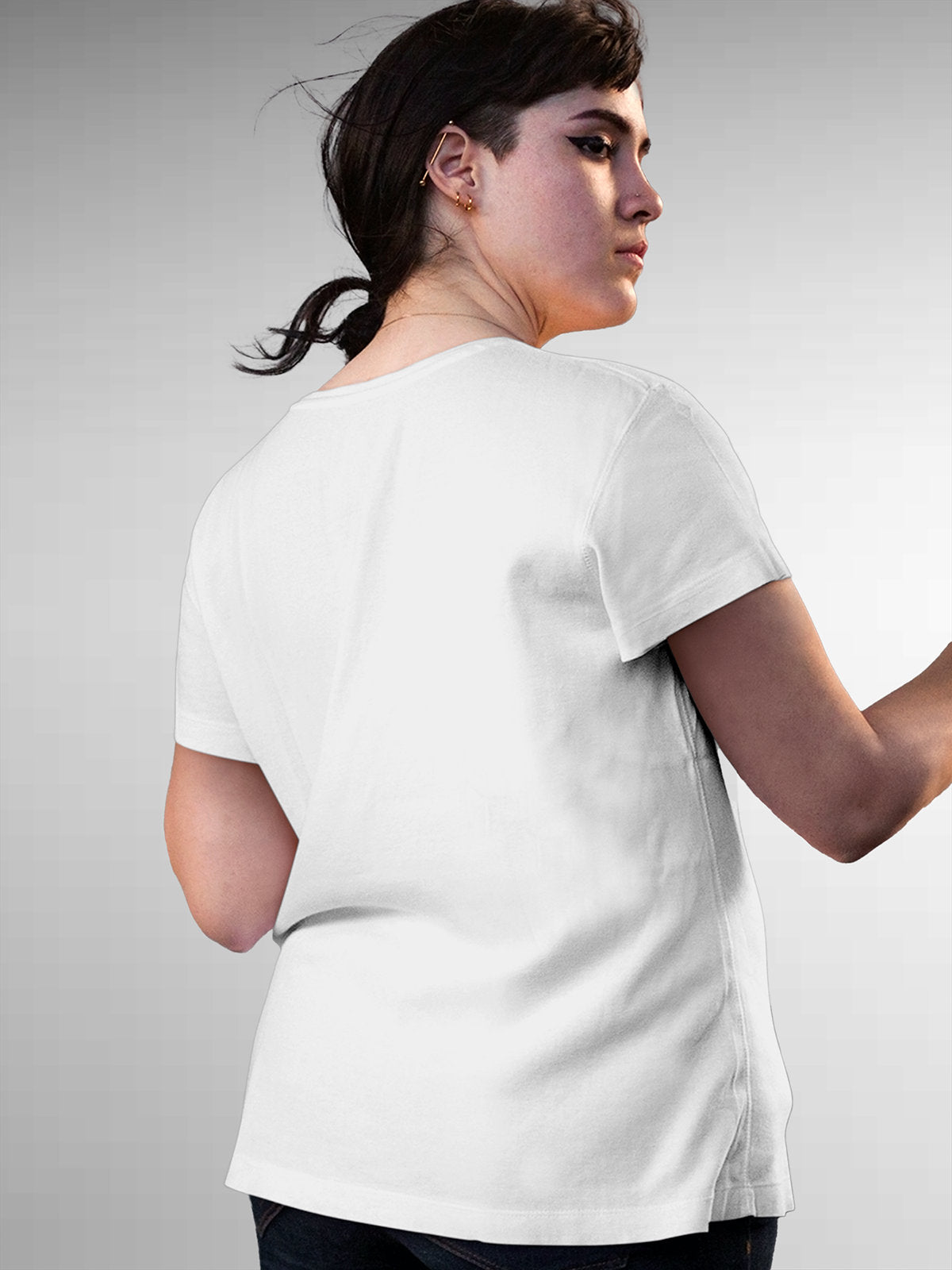 Back view of Fighterhero Women's White Round Neck T-shirt, highlighting the modern look and clean finish