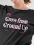 Close up of 'Grow From Ground Up' design on Women's Dark Grey Round Neck T-shirt, highlighting intricate details and vibrant print.