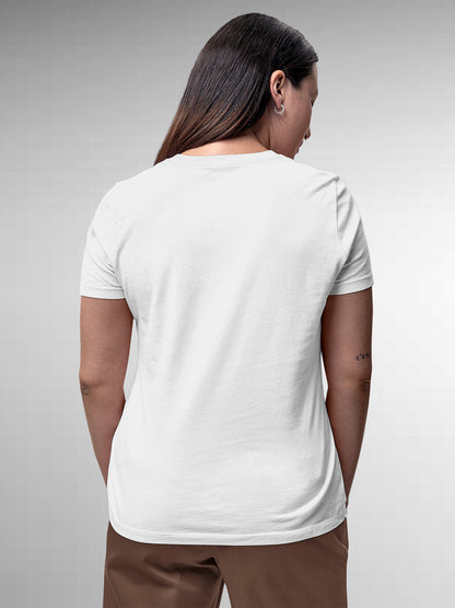 Back view of Fighterhero Women's White Round Neck T-shirt, highlighting the modern look and clean finish