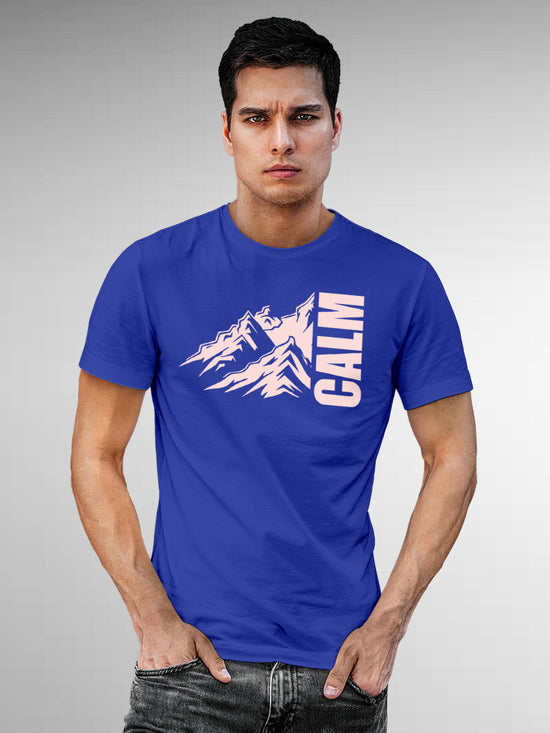 Fighterhero T-shirts: Model wearing Men's Blue Round Neck T-shirt with 'Calm' design