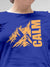 Close up of 'Calm' design on Women's Blue Round Neck T-shirt, highlighting intricate details and vibrant print.