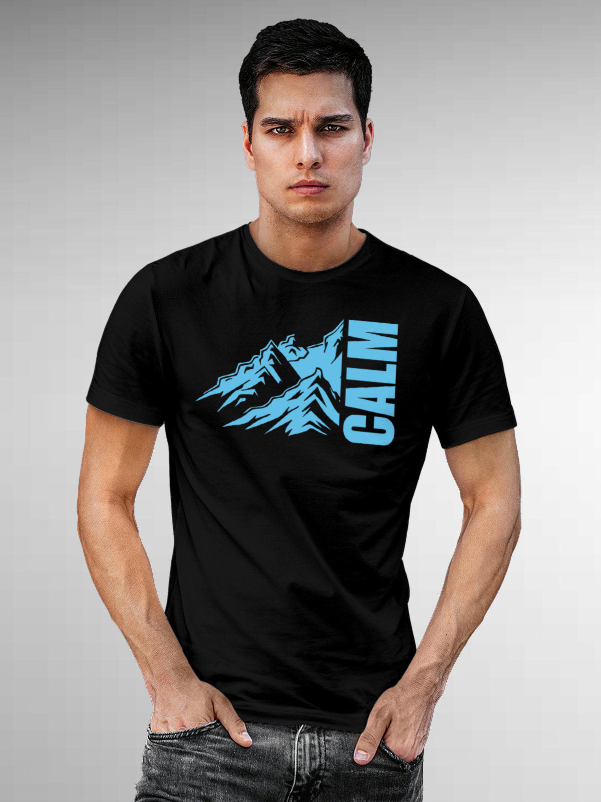Model wearing Men's Black Round Neck T-shirt with 'Calm' design, offering effortless style and premium comfort
