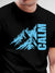Close up of 'Calm' design on Men's Black Round Neck T-shirt, highlighting intricate details and vibrant print.