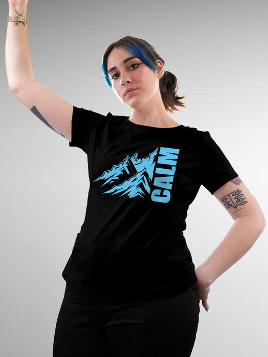 Model wearing Women's Black Round Neck T-shirt with 'Calm' design, offering effortless style and premium comfort