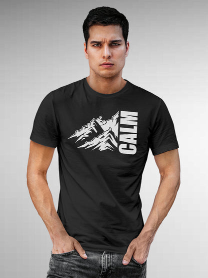 Model wearing Men's Dark Grey Round Neck T-shirt with 'Calm' design, offering effortless style and premium comfort