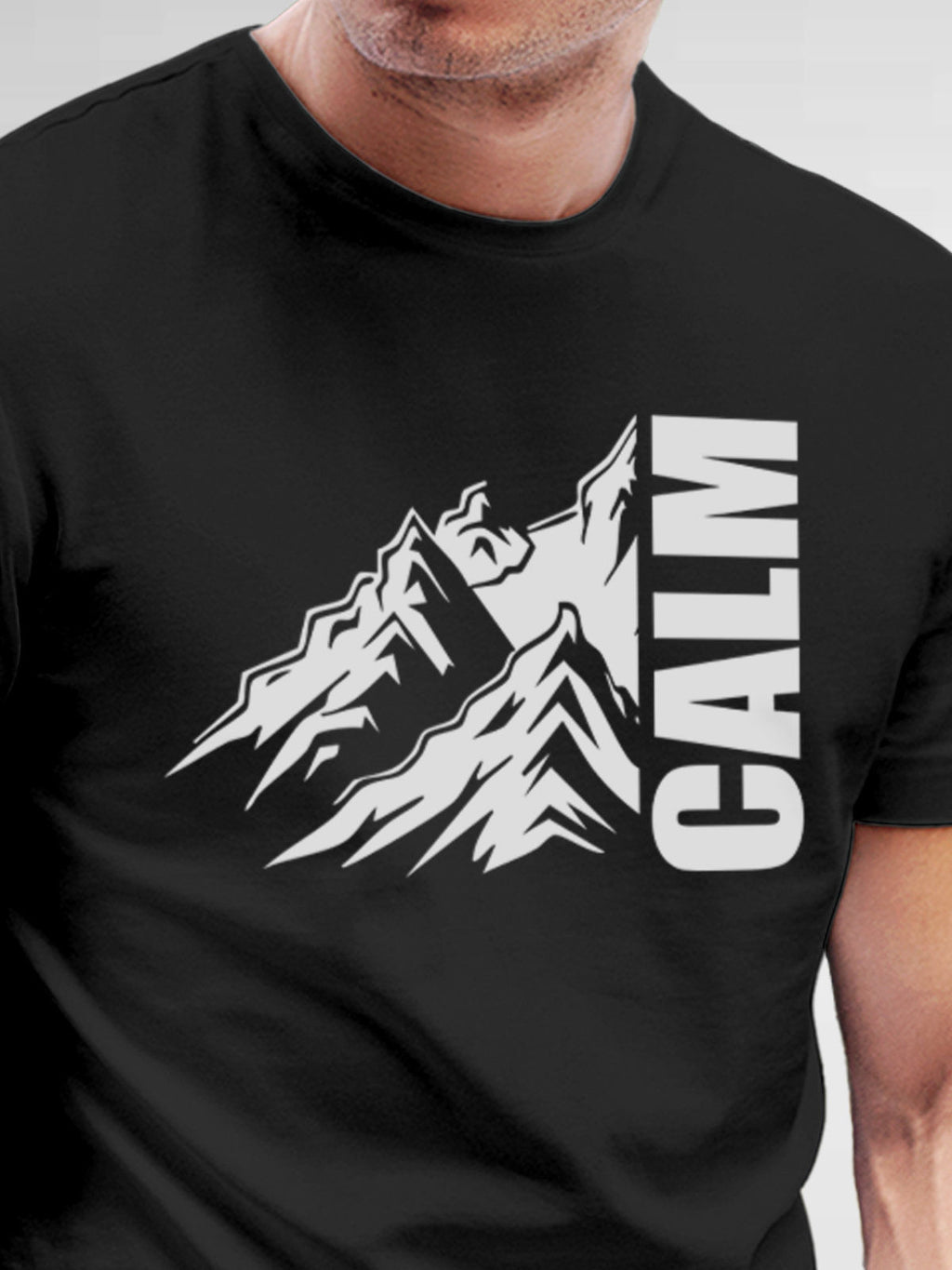 Close up of 'Calm' design on Men's Dark Grey Round Neck T-shirt, highlighting intricate details and vibrant print.