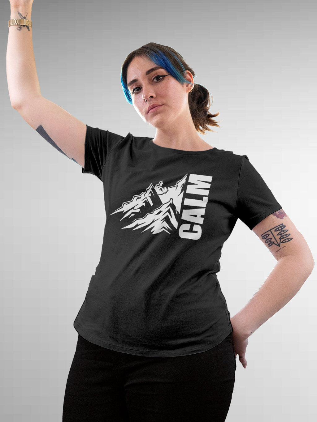 Model wearing Women's Dark Grey Round Neck T-shirt with 'Calm' design, offering effortless style and premium comfort