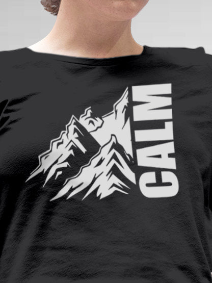 Close up of 'Calm' design on Women's Dark Grey Round Neck T-shirt, highlighting intricate details and vibrant print.