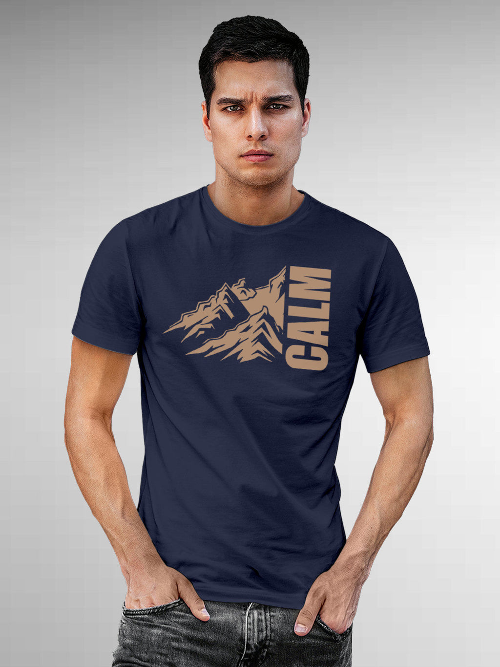 Model wearing Men's Navy Blue Round Neck T-shirt with 'Calm' design, offering effortless style and premium comfort