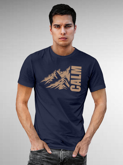 Model wearing Men's Navy Blue Round Neck T-shirt with 'Calm' design, offering effortless style and premium comfort