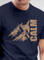Close up of 'Calm' design on Men's Navy Blue Round Neck T-shirt, highlighting intricate details and vibrant print.