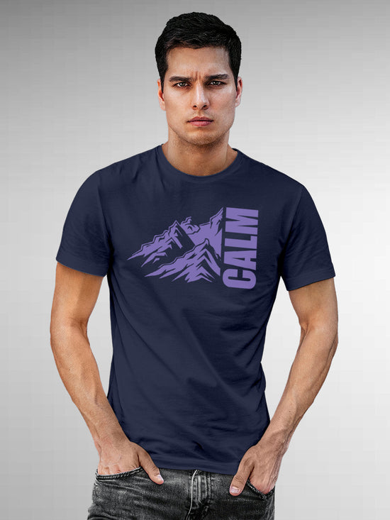 Fighterhero T-shirts: Model wearing Men's Navy Blue Round Neck T-shirt with 'Calm' design