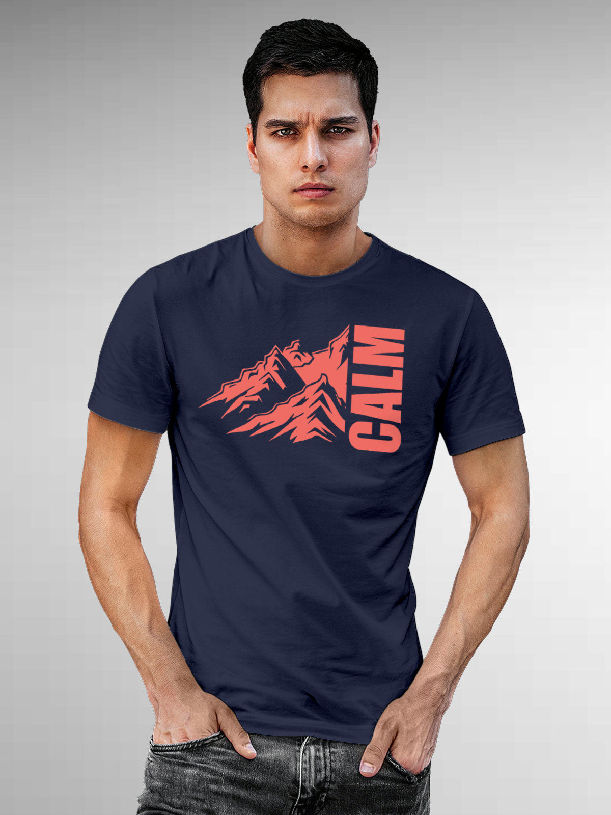 Model wearing Men's Navy Blue Round Neck T-shirt with 'Calm' design, offering effortless style and premium comfort