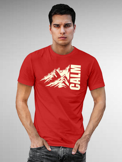 Model wearing Men's Red Round Neck T-shirt with 'Calm' design, offering effortless style and premium comfort