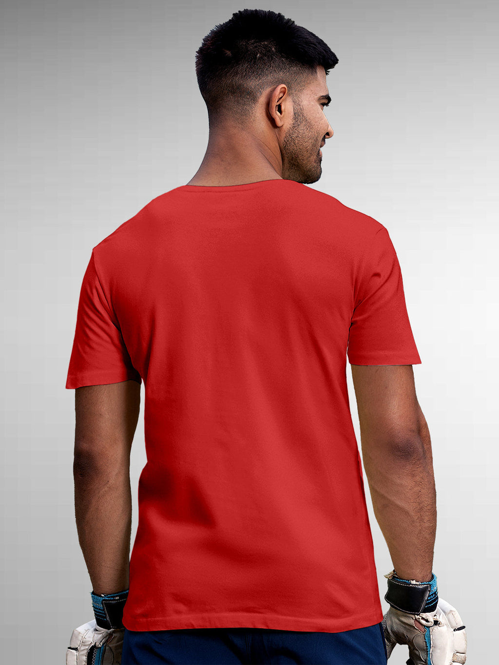 Back view of Fighterhero Men's Red Round Neck T-shirt, highlighting the modern look and clean finish