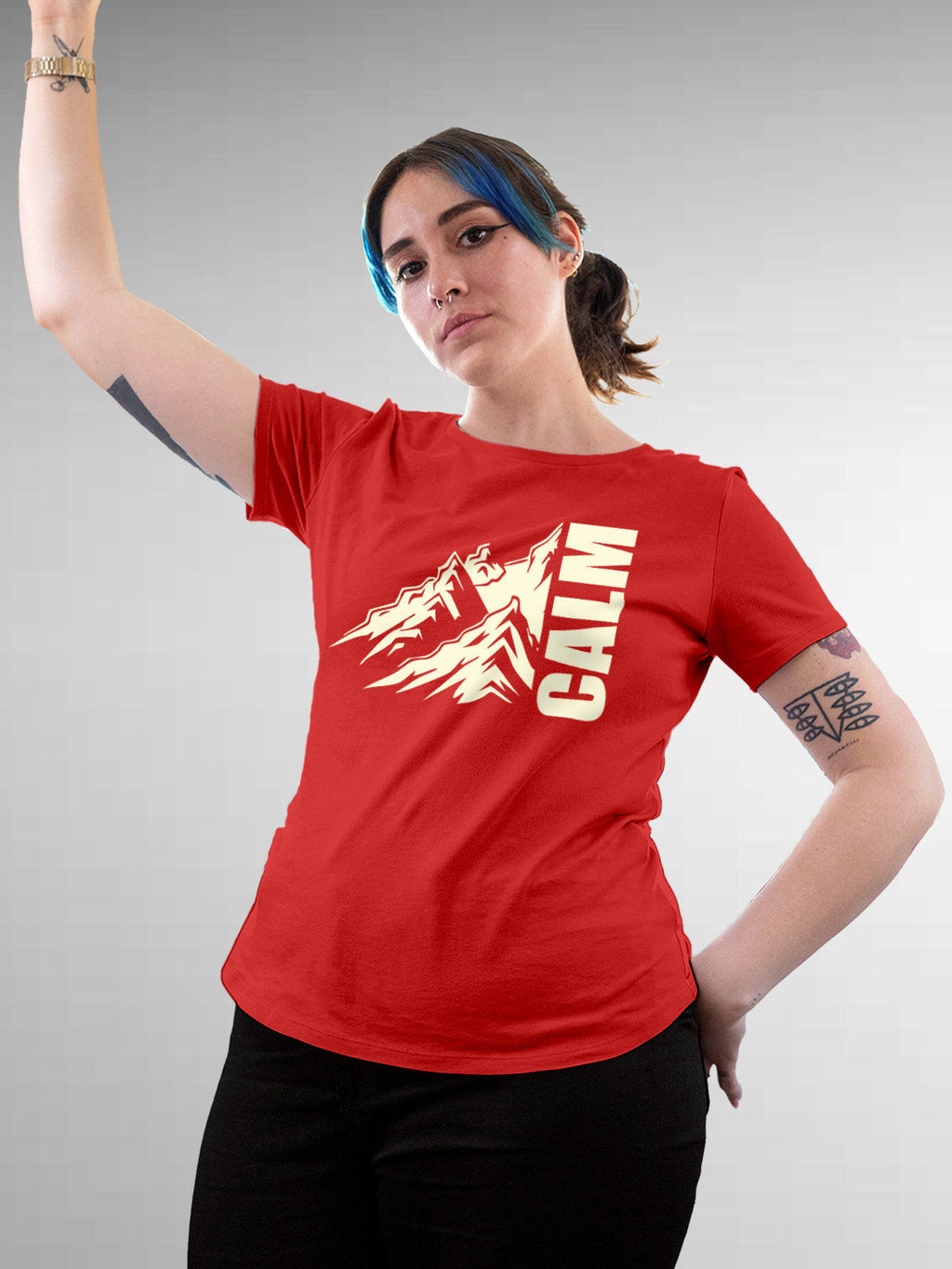 Model wearing Women's Red Round Neck T-shirt with 'Calm' design, offering effortless style and premium comfort