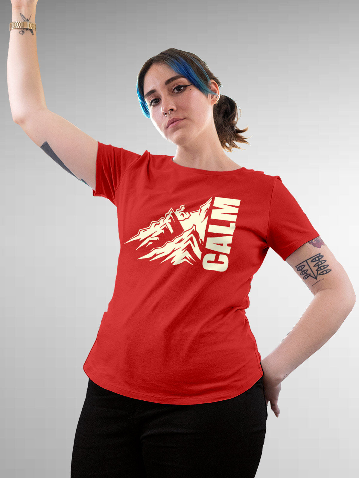 Model wearing Women's Red Round Neck T-shirt with 'Calm' design, offering effortless style and premium comfort