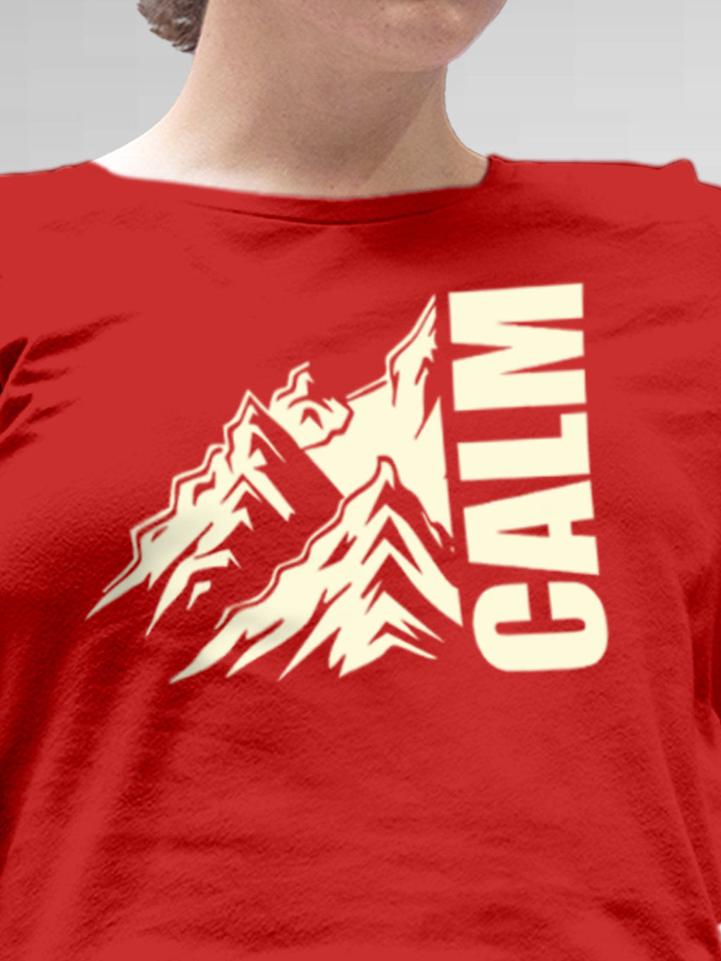 Close up of 'Calm' design on Women's Red Round Neck T-shirt, highlighting intricate details and vibrant print.