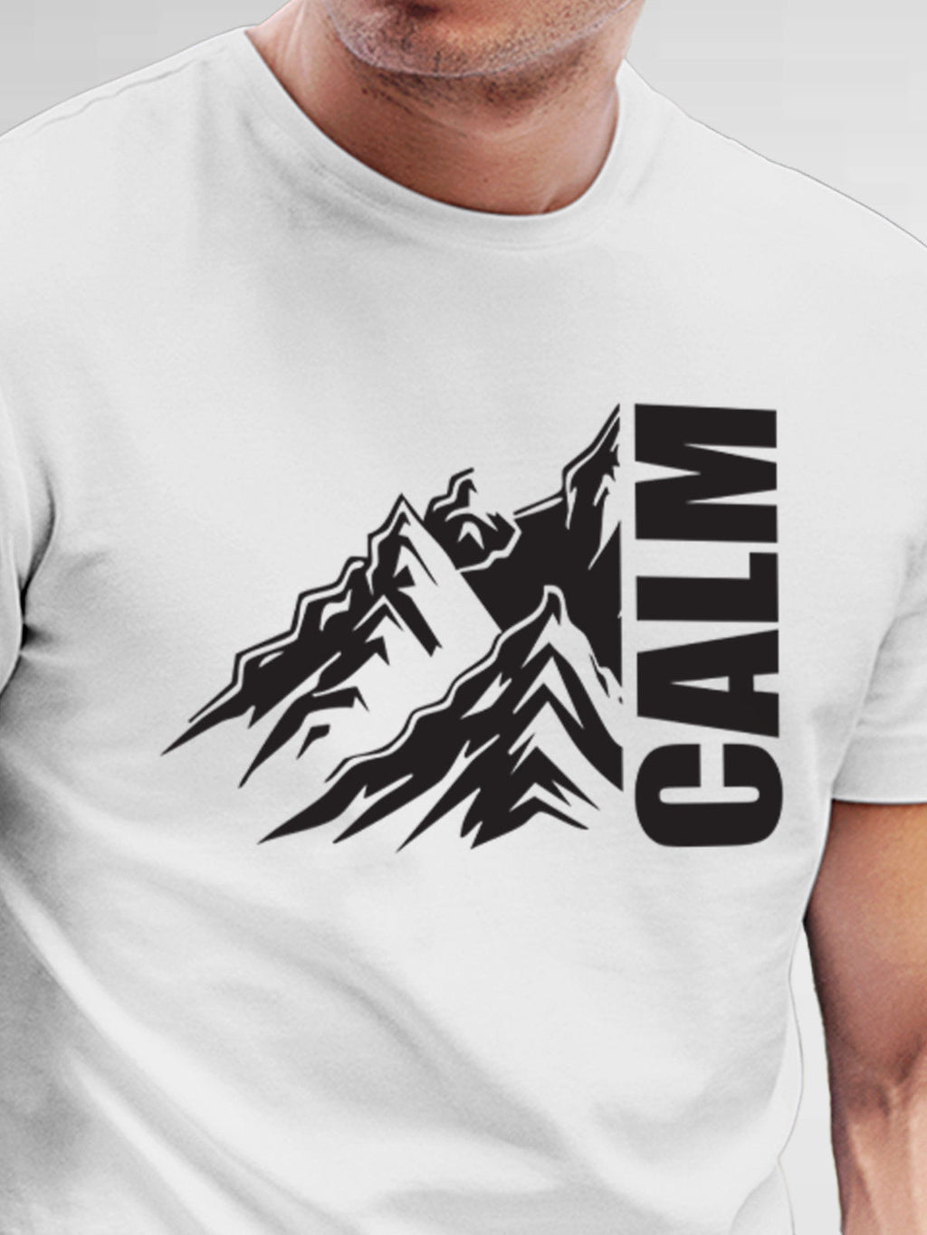 Close up of 'Calm' design on Men's White Round Neck T-shirt, highlighting intricate details and vibrant print.