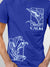 Close up of 'Calm' design on Men's Blue Round Neck T-shirt, highlighting intricate details and vibrant print.