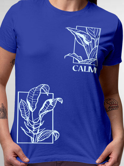Close up of 'Calm' design on Women's Blue Round Neck T-shirt, highlighting intricate details and vibrant print.