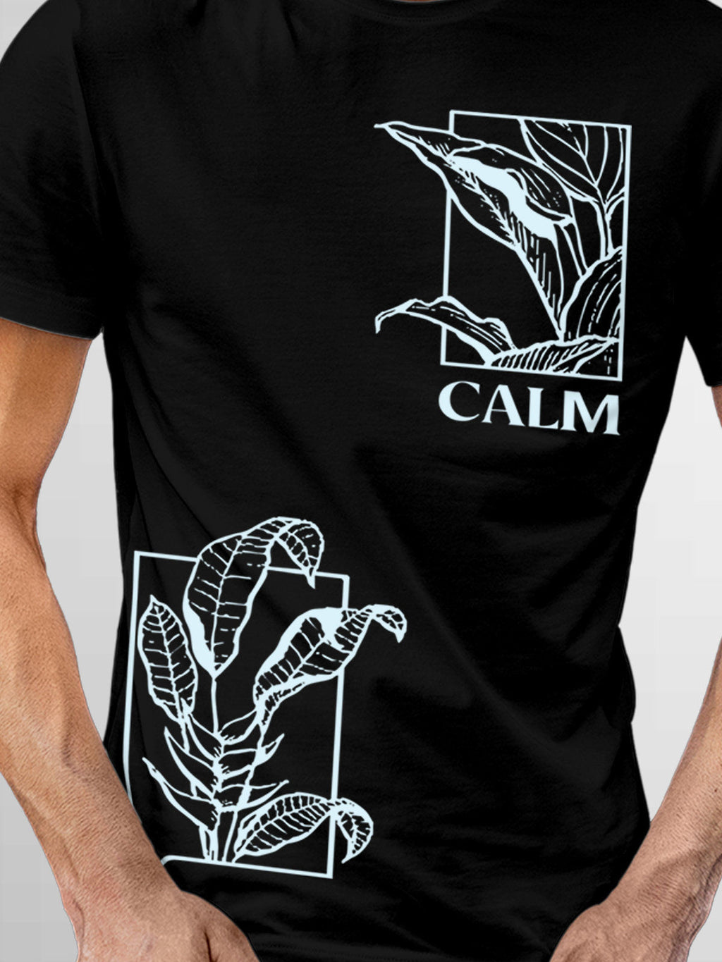 Close up of 'Calm' design on Men's Black Round Neck T-shirt, highlighting intricate details and vibrant print.
