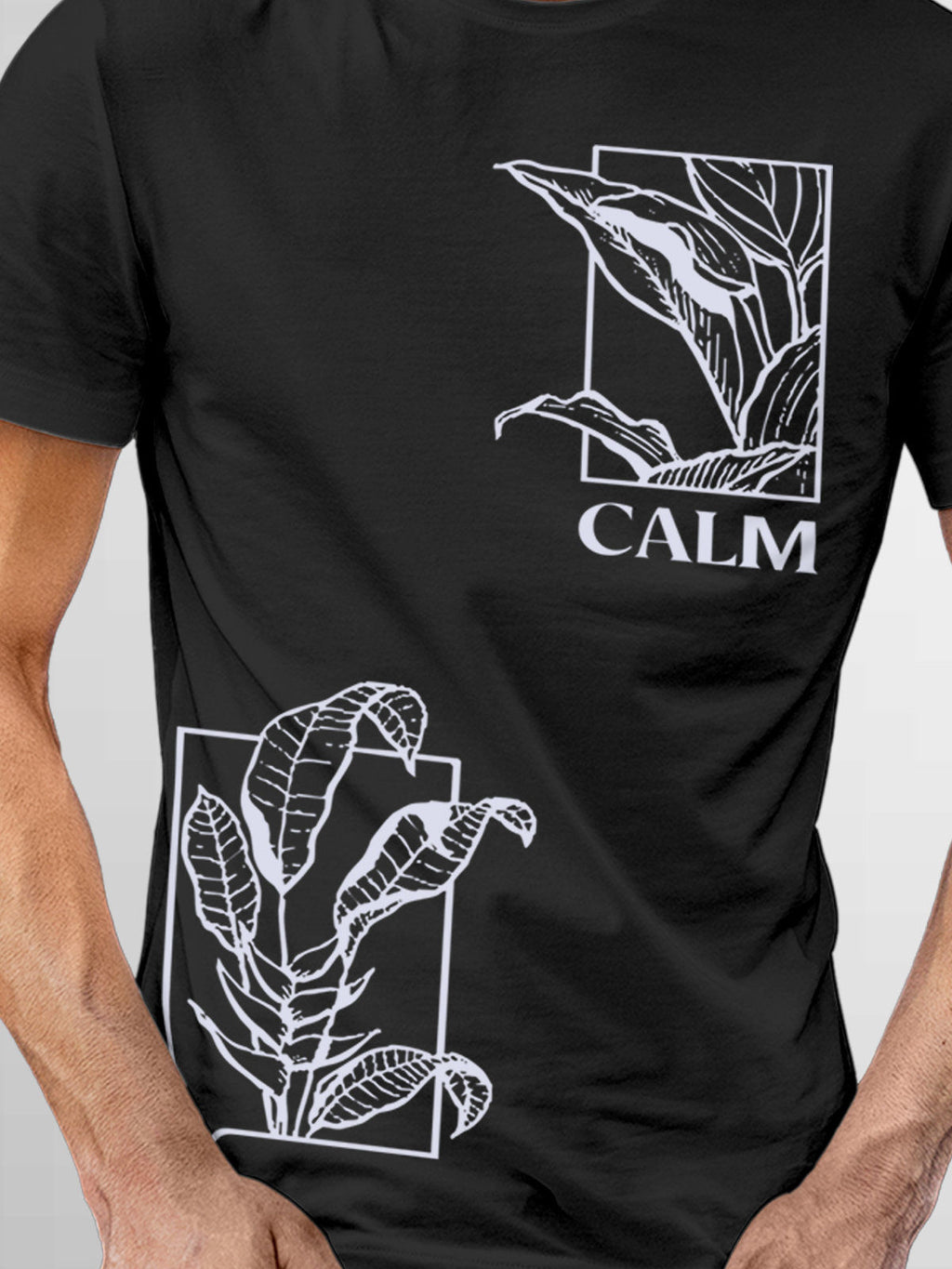 Close up of 'Calm' design on Men's Dark Grey Round Neck T-shirt, highlighting intricate details and vibrant print.