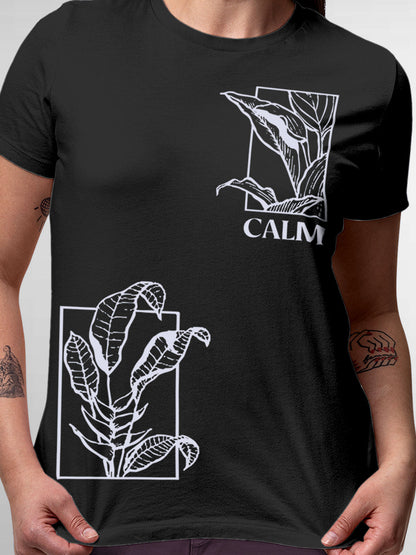 Close up of 'Calm' design on Women's Dark Grey Round Neck T-shirt, highlighting intricate details and vibrant print.