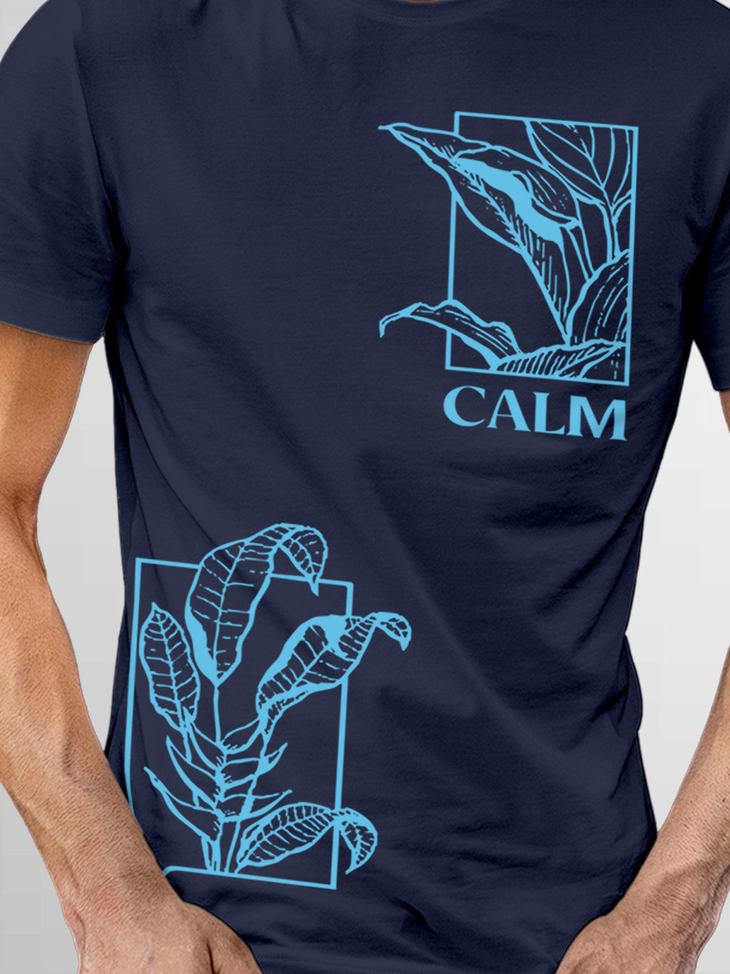Close up of 'Calm' design on Men's Navy Blue Round Neck T-shirt, highlighting intricate details and vibrant print.