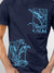 Close up of 'Calm' design on Men's Navy Blue Round Neck T-shirt, highlighting intricate details and vibrant print.