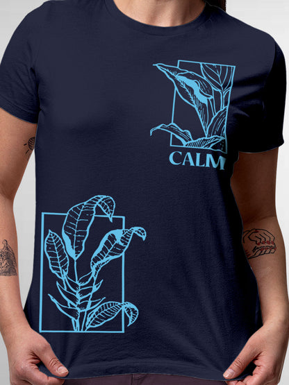 Close up of 'Calm' design on Women's Navy Blue Round Neck T-shirt, highlighting intricate details and vibrant print.