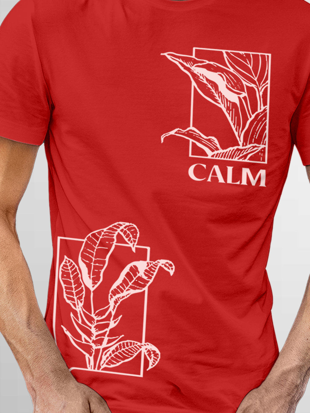 Close up of 'Calm' design on Men's Red Round Neck T-shirt, highlighting intricate details and vibrant print.